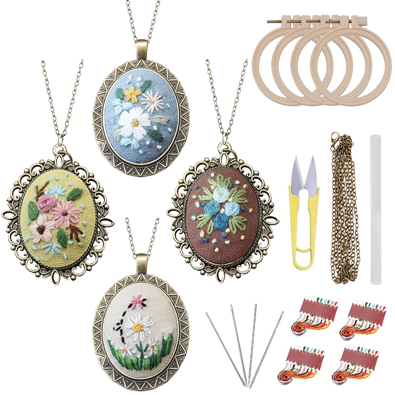 4 Packs Embroidery Necklace Kits, Embroidery Pendant Kit Mini Cross Stitch Kit with 4 Hoops, Necklace, Pendant, Stamped Pattern Cloth, Instructions, etc., Embroidery Kits for Adults